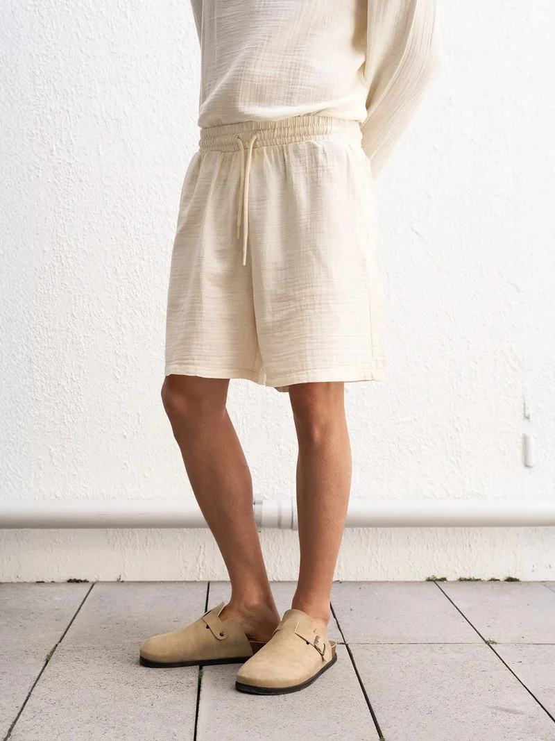 Giesto GIESTO High Waist Textured Cotton Drawstring Shorts